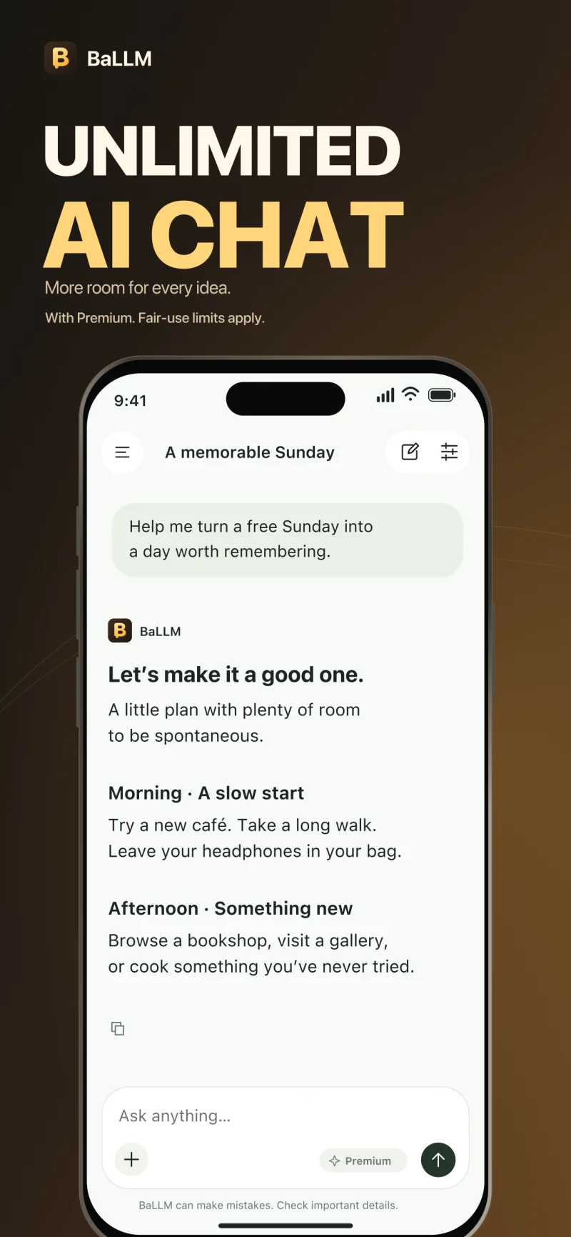 BaLLM screenshot: unlimited AI chat with an example conversation